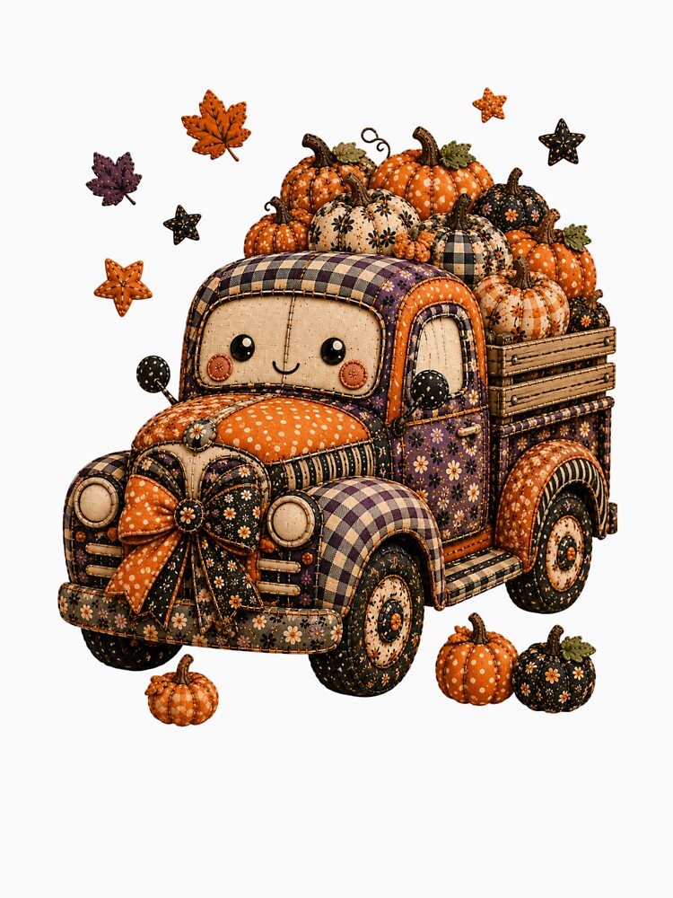 Cute Patchwork Pumpkin Truck | Farmhouse Autumn & Halloween Art by DecoVibe