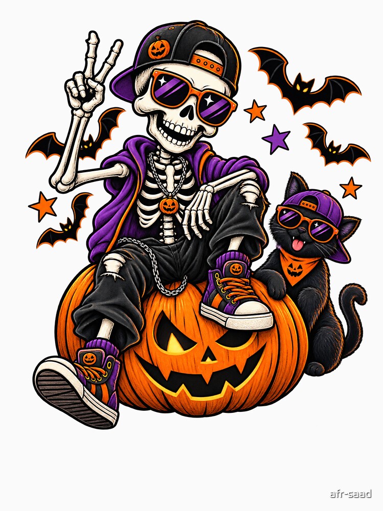 Cool Halloween Skeleton and Black Cat with Pumpkin Sunglasses by afr-saad