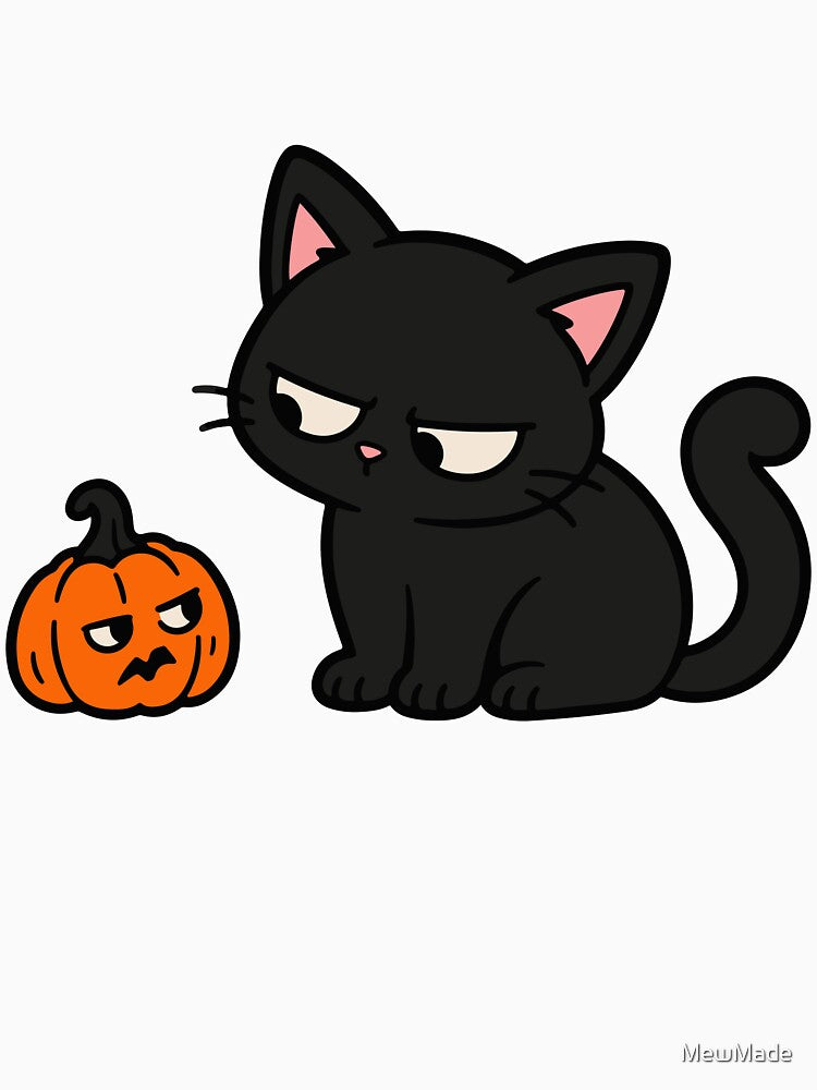 Grumpy Black Cat with Pumpkin – Funny Halloween Cat by MewMade