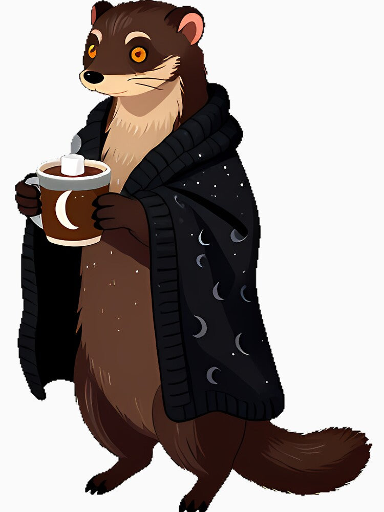 Gothic Cozy Weasel with Cocoa and Knitted Blanket by IllumeInk
