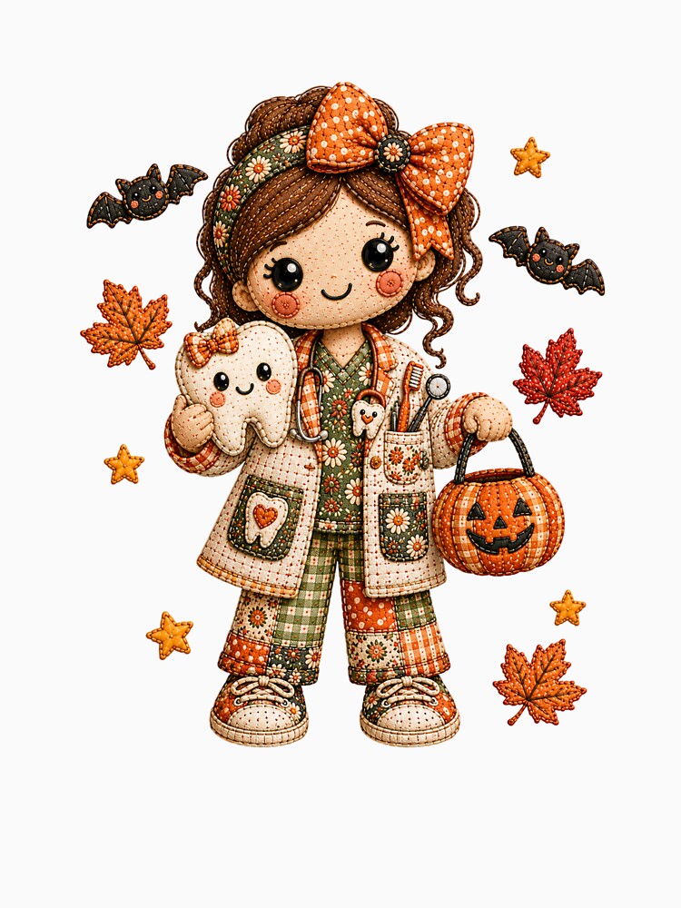 Cute Autumn Dentist Hygienist Patchwork Halloween Illustration by DecoVibe