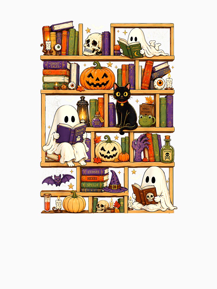 Vintage Ghost Book Reading Pumpkin Gothic Halloween Teachers T-Shirt by KTY-NUSS