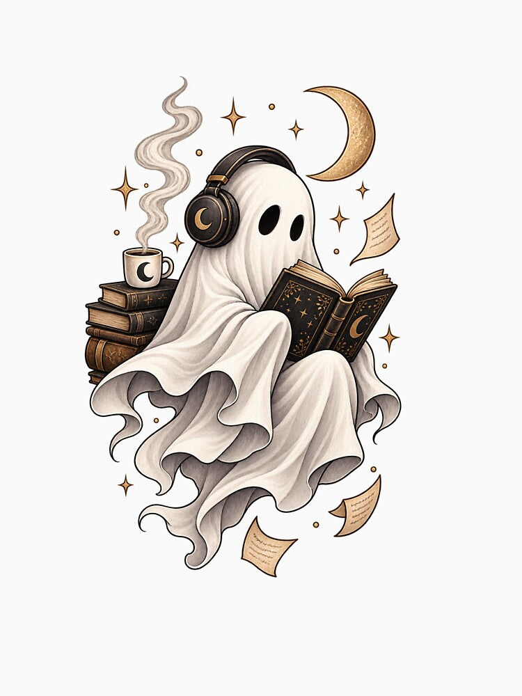 Cozy Ghost Reading with Headphones and Coffee | Gothic Book Lover Ghost by BlackBoneArt