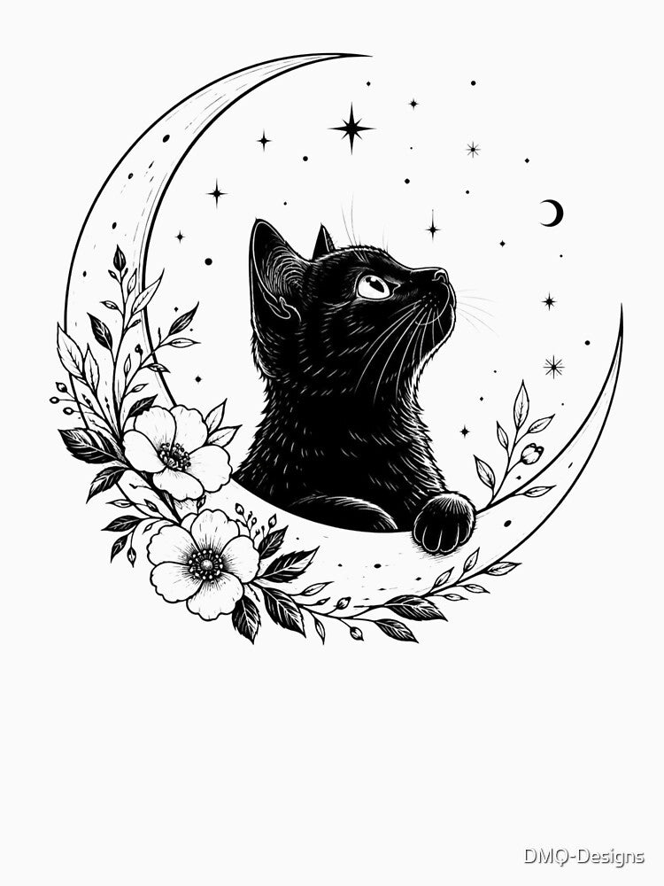 Mystic Black Cat & Crescent Moon | Botanical Line Art Design by DMQ-Designs