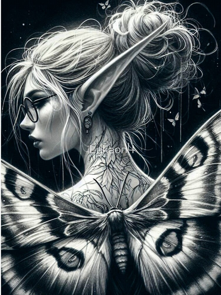 Mystic Elf and Lunar Moth – Dark Fantasy Gothic Illustration by Lykaon Art