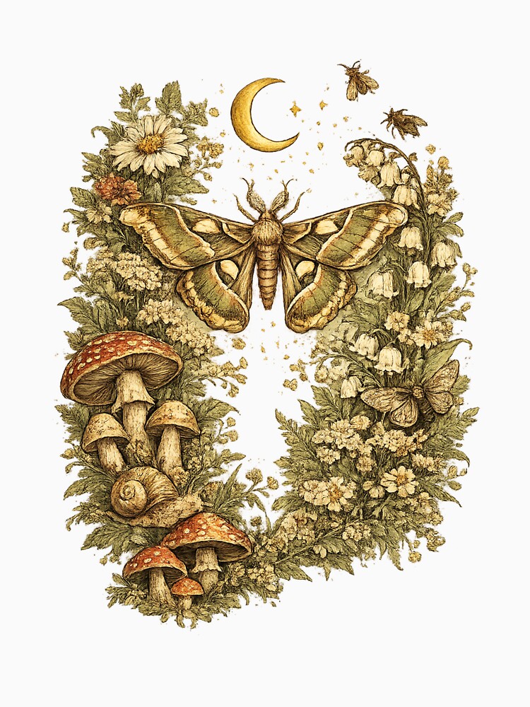 Vintage Moth and Moon Botanical Illustration – Gothic Nature Art with Mushrooms and Wildflowers by SP319