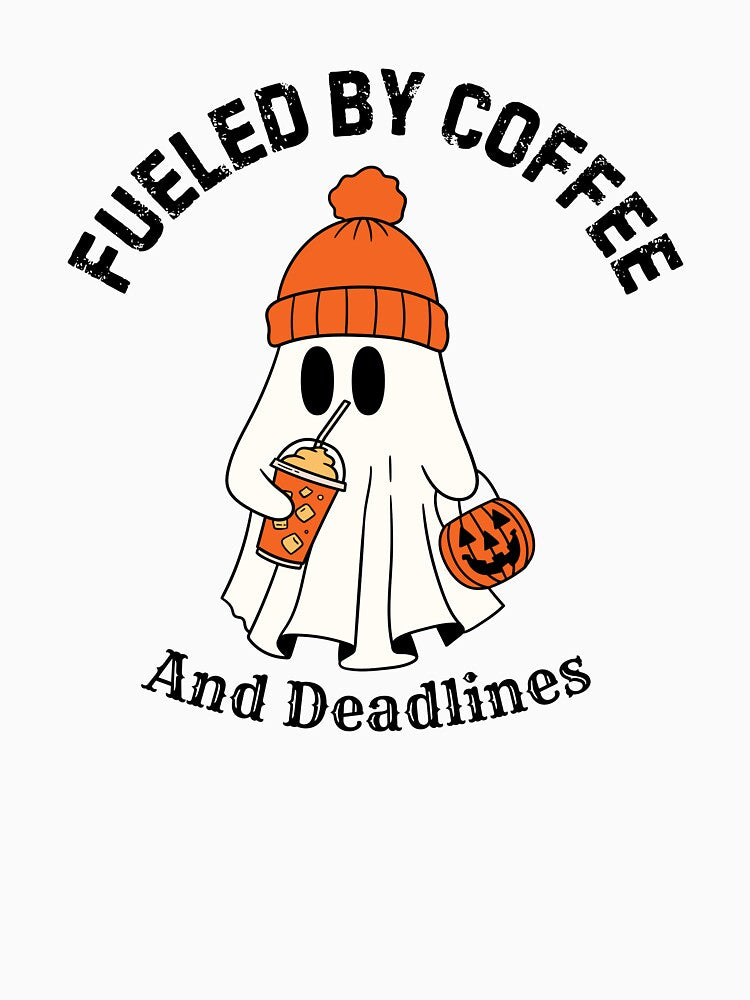 Fueled by Coffee & Deadlines – Ghost with Beanie and Halloween Candy Basket Design by TheJCGallery