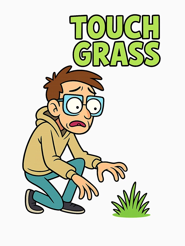 “Touch Grass” Meme Illustration – Nervous Guy Afraid of Grass – Funny Internet Culture Design by Donsean22
