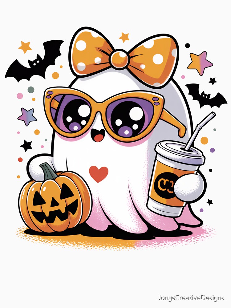 Cute ghost with a coffee and a pumpkin by JonysCreativeDesigns