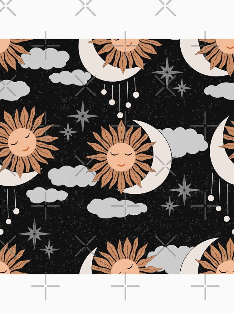 Large scale of Black Celestial Sun Moon Pattern Boho Night Sky Art by DColourMuse