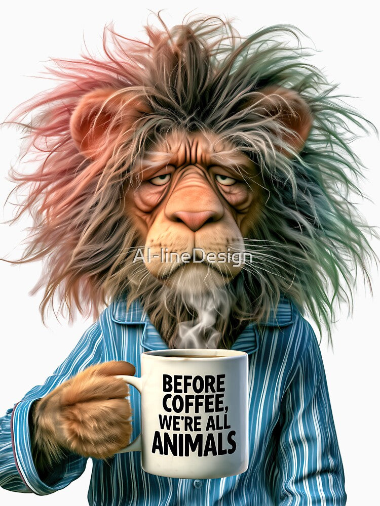 Before Coffee We’re All Animals – Funny Grumpy Lion by AI-lineDesign