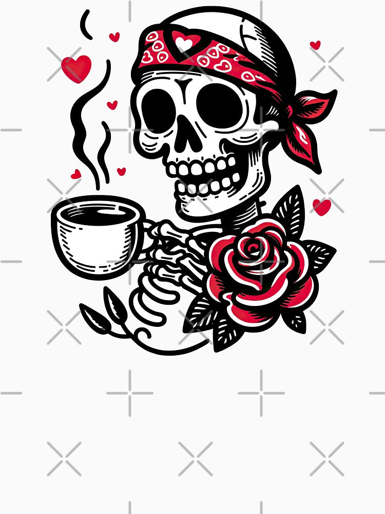 Valentines Day Skeleton Drinking Coffee Skeleton Heart Valentines Day Cool Bones Love T-Shirt by MAPDDesigns