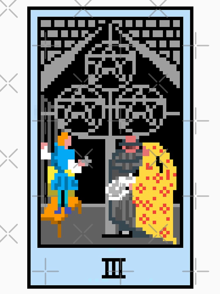 Wait, is this pixel art tarot? White - Minor Arcana 'Three of Pentacles' (Design for T-shirt, stickers and other accessories) by Pixel Waite