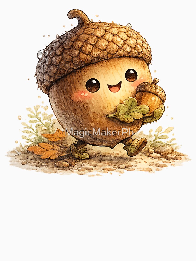 Kawaii Acorn Character Carrying Tiny Acorn – Cute Autumn Woodland Illustration by MagicMakerPh