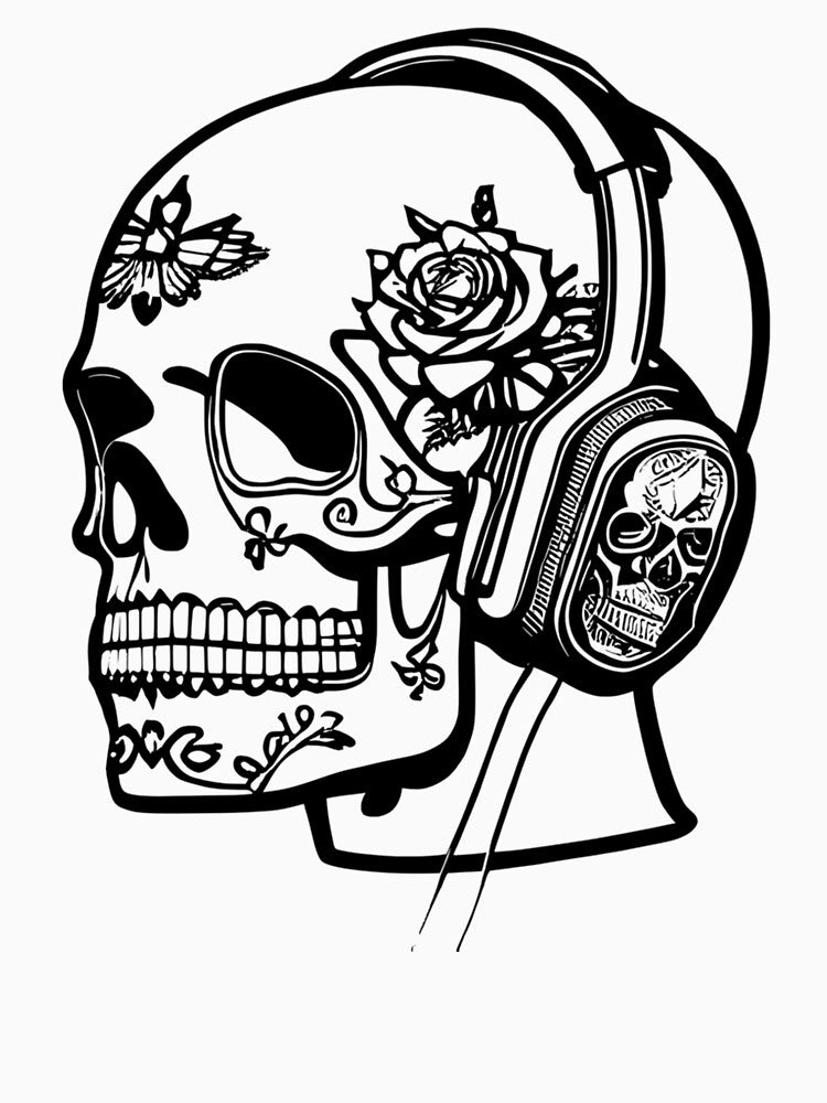 Sugar Skull Wearing Headphones Black by Contessai Babbaby