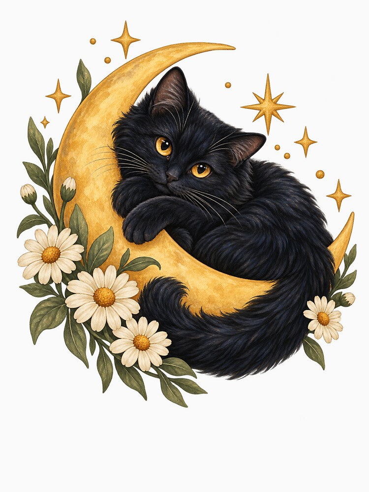 Celestial Black Cat with Moon and Daisies by Pixel & Ponder