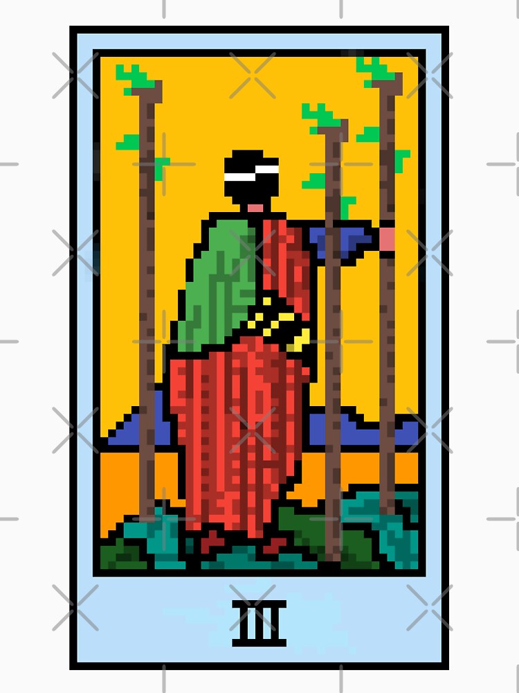 Wait, is this pixel art tarot? White - Minor Arcana 'Three of Wands' (Design for T-shirt, stickers and other accessories) by Pixel Waite