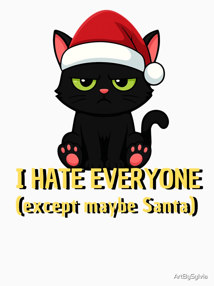 Grumpy Black Cat Christmas – Sarcastic Santa Hat Kitty Design by ArtBySylvia