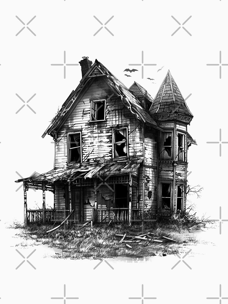Haunted Victorian House – Gothic Horror Black and White Illustration by inkoutninja