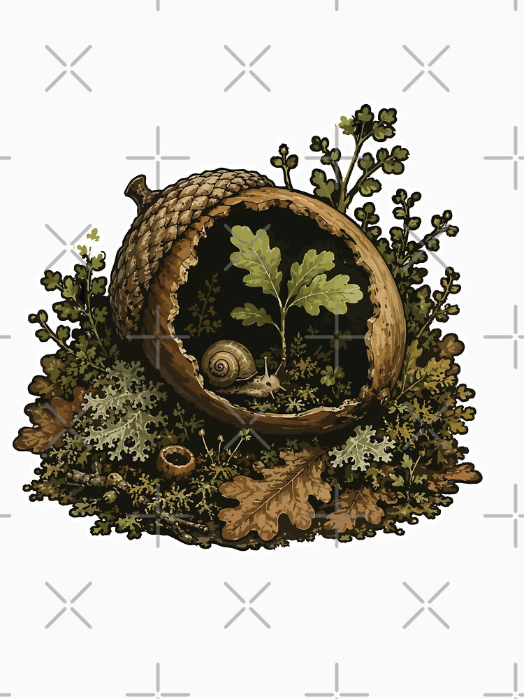Acorn Woodland Terrarium Forest Snail Botanical Illustration by SimplePoDesign