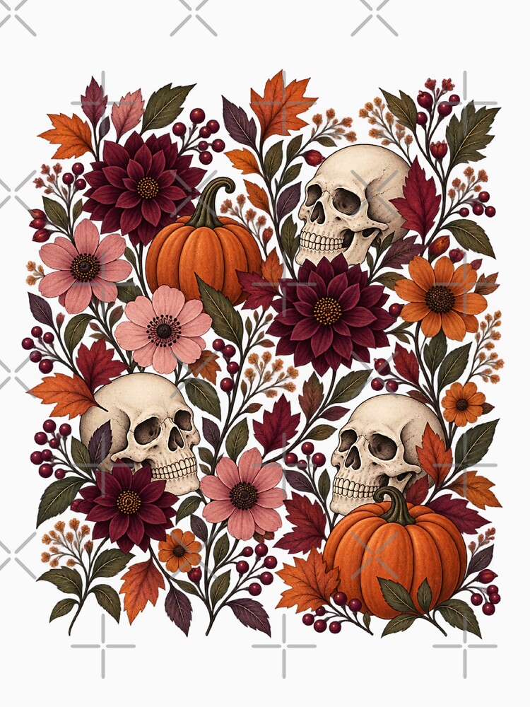 Boho Fall Floral Pumpkin and Skull design, Spooky Botanical Halloween Autumn Wildflowers by SpookyShadesLab