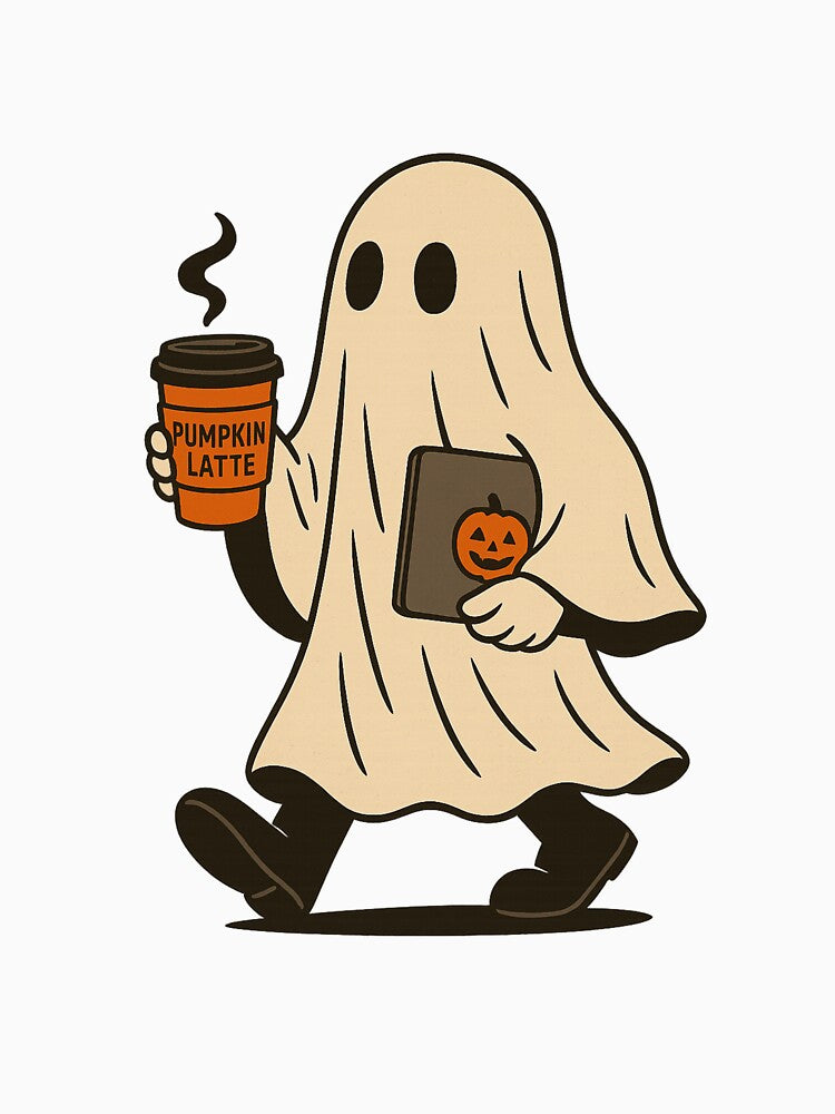 Cute Ghost with Pumpkin Latte – Funny Halloween Design by CanvasFox