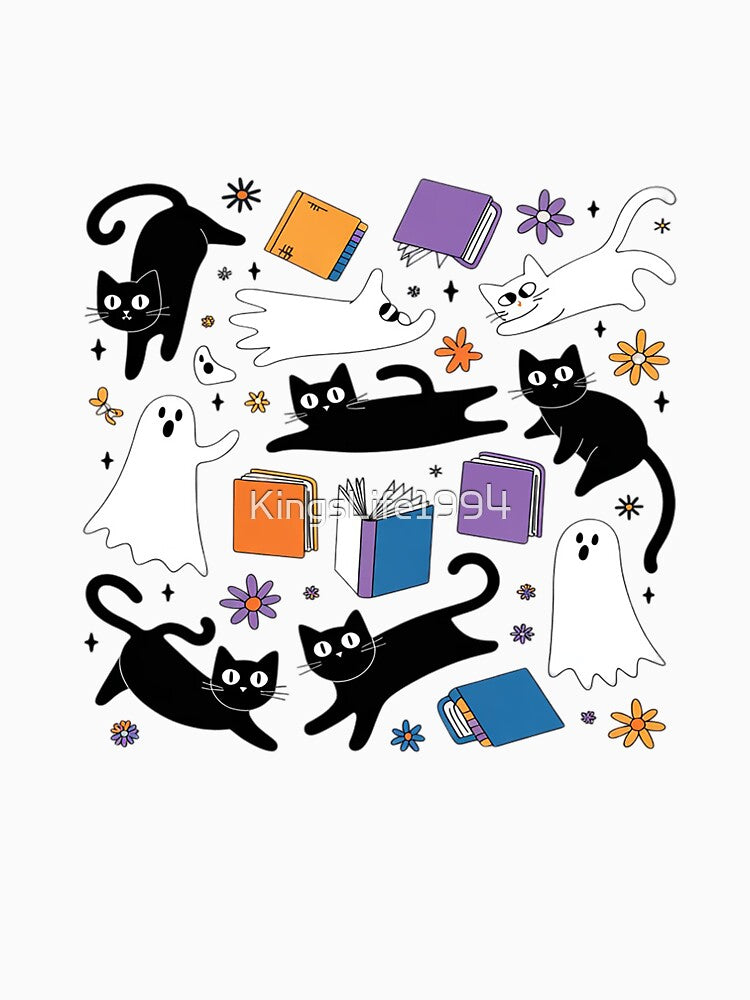 Cute Ghost Cat Reading Books Lover Bookish Halloween Spooky by KingsLife1994