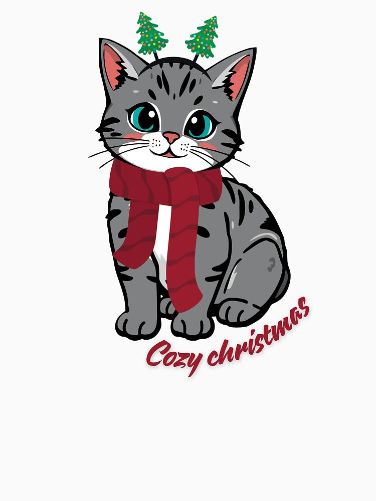 Cozy Christmas Cat – Cute Festive Kitty With Scarf & Tree Antlers by Doodlelline