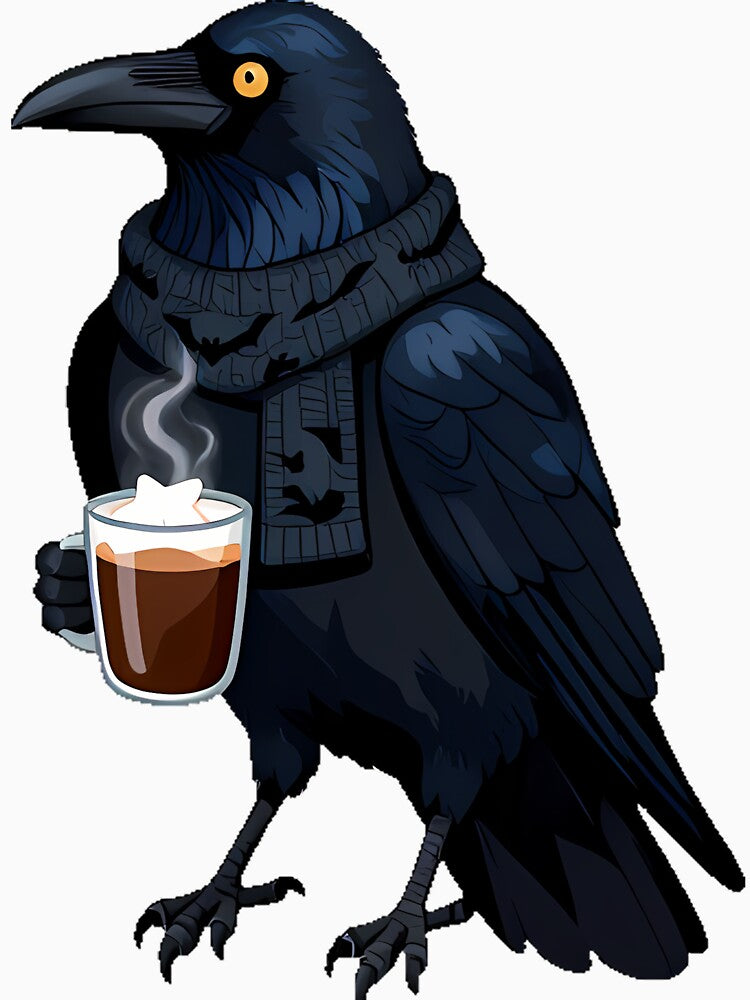 Gothic Cozy Raven with Cocoa and Scarf by IllumeInk