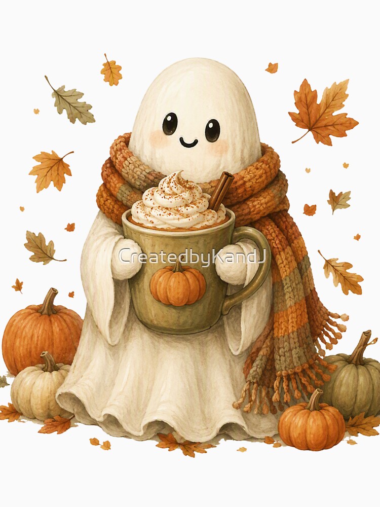 Cute Ghost with Pumpkin Coffee | Cozy Halloween Autumn Art by CreatedbyKandJ