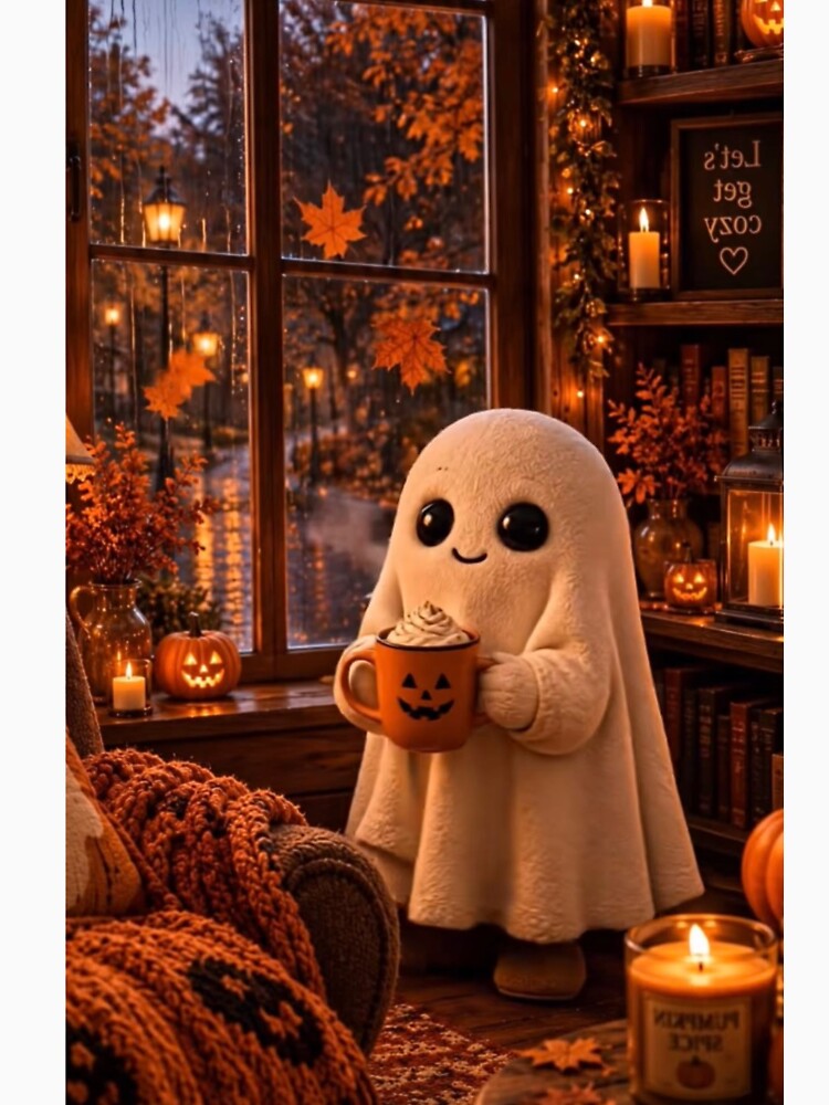 Cozy Autumn Ghost with Coffee — Warm Pumpkin Spice Window Illustration by LYAN-STORE