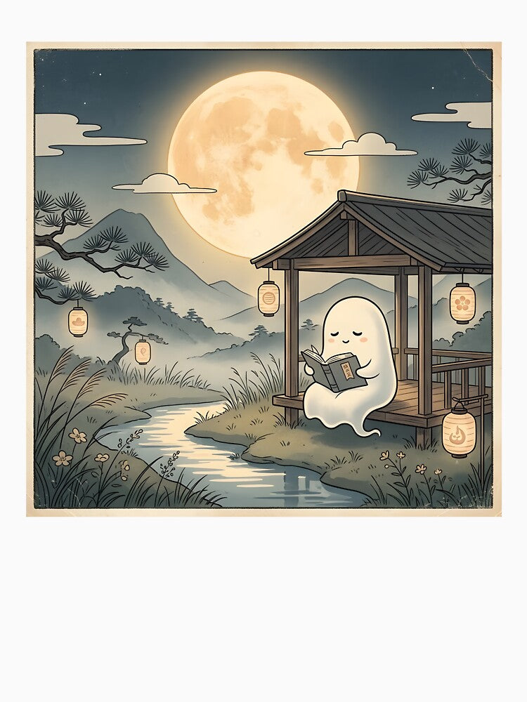 Cute Ghost Reading Under Moon Vintage Night Landscape by MCV-Designs