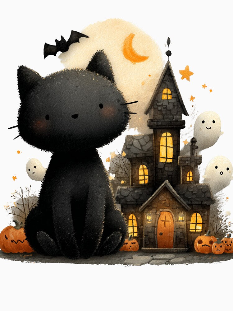 Cute Black Cat Haunted House by LovePrintArt