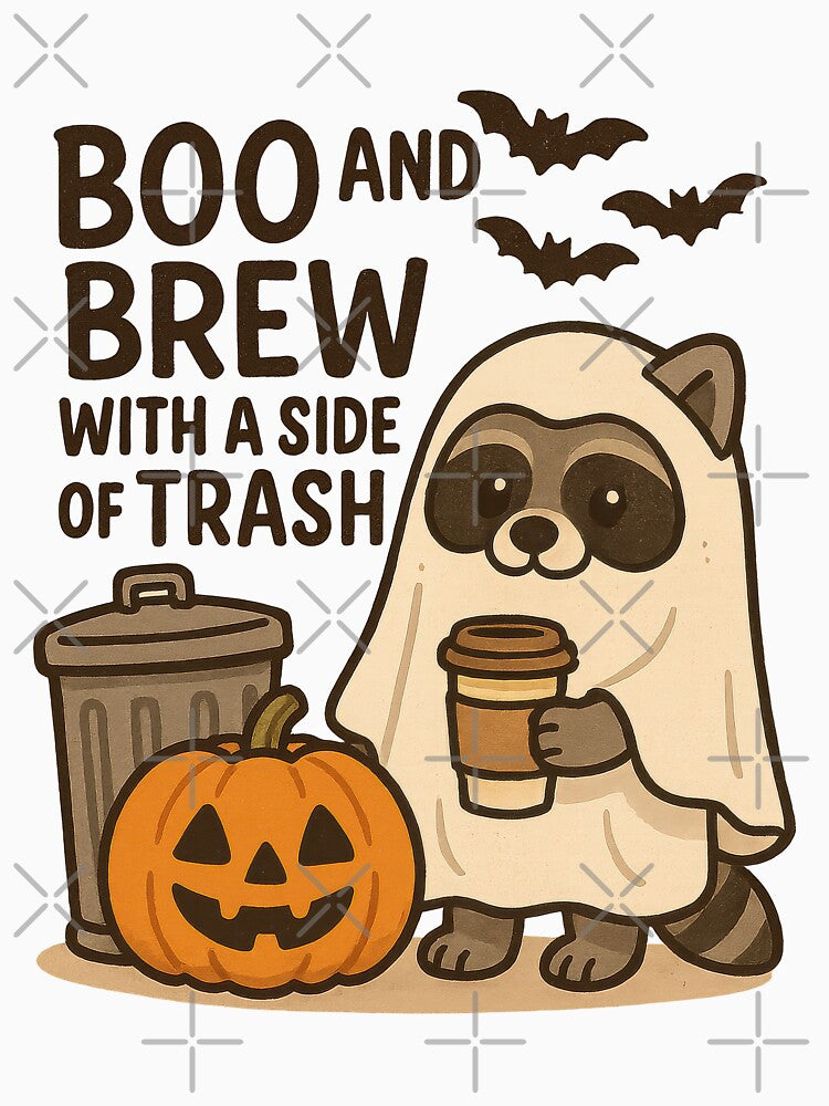 Boo and Brew with a Side of Trash – Funny Raccoon Halloween Coffee Design by inkoutninja