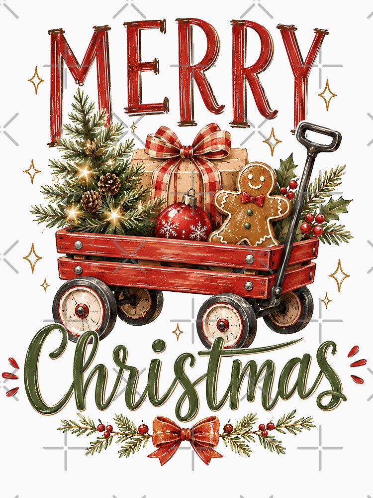 Merry Christmas Vintage Red Wagon Holiday by madebymayberry