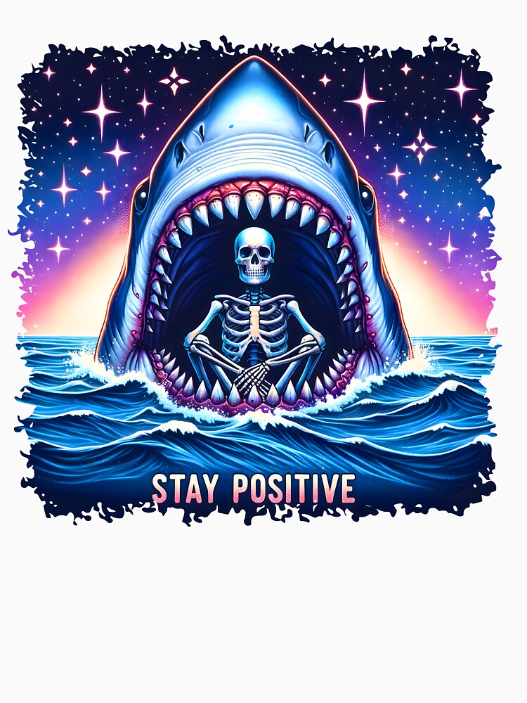 Funny Skeleton sitting in Zen inside a shark Stay Positive by JuliaPop
