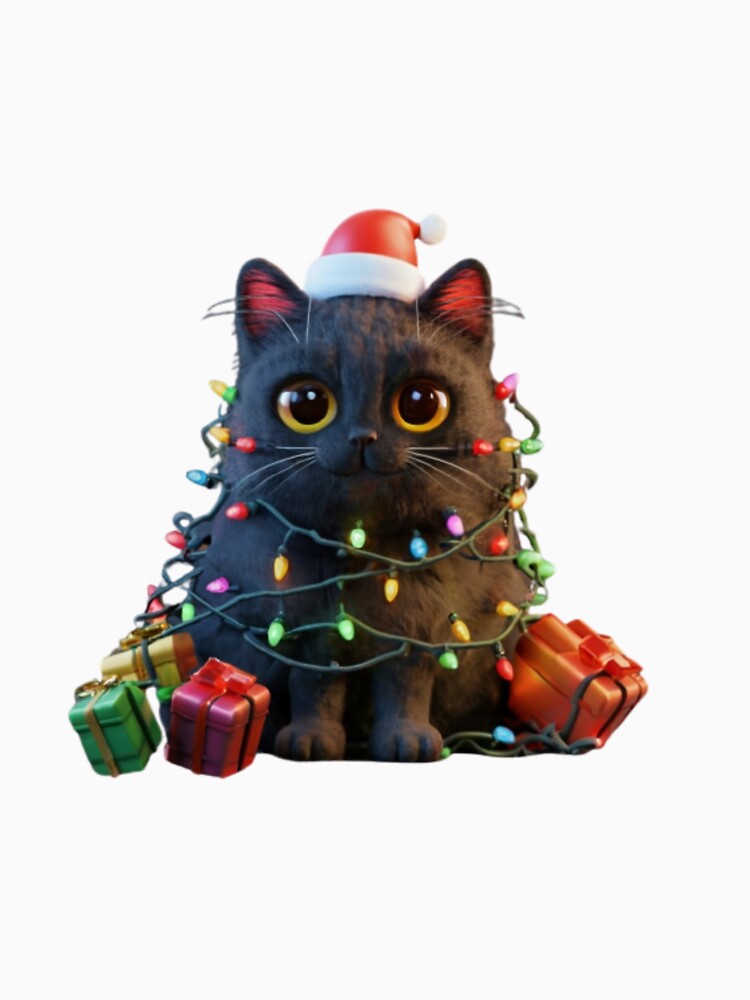 Funny Black Cat Entangled In Christmas Tree Lights by CatCraze Co