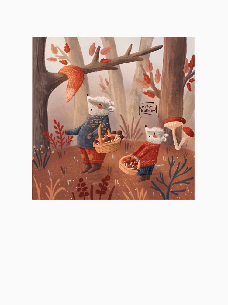 Cute badges picking mushrooms in the forest by volhakaliaha