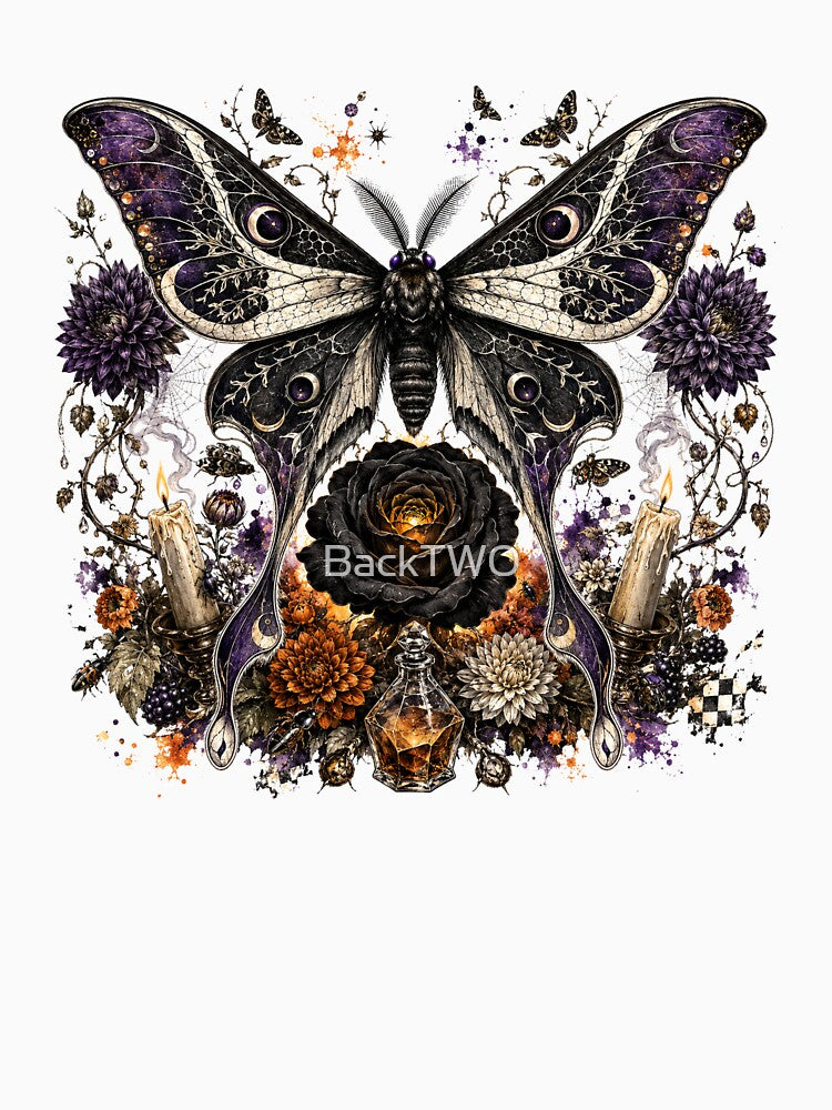 Death Moth Gothic Floral Halloween - Dark Botanical Moth Art by BackTWO