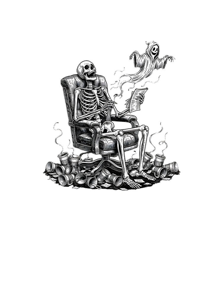 Dead Tired - Funny Skeleton Drinking Coffee by Sunday Social Club