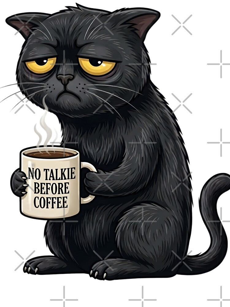 Funny Black Cat No Talkie Before Coffee Meme by ZoneMerch