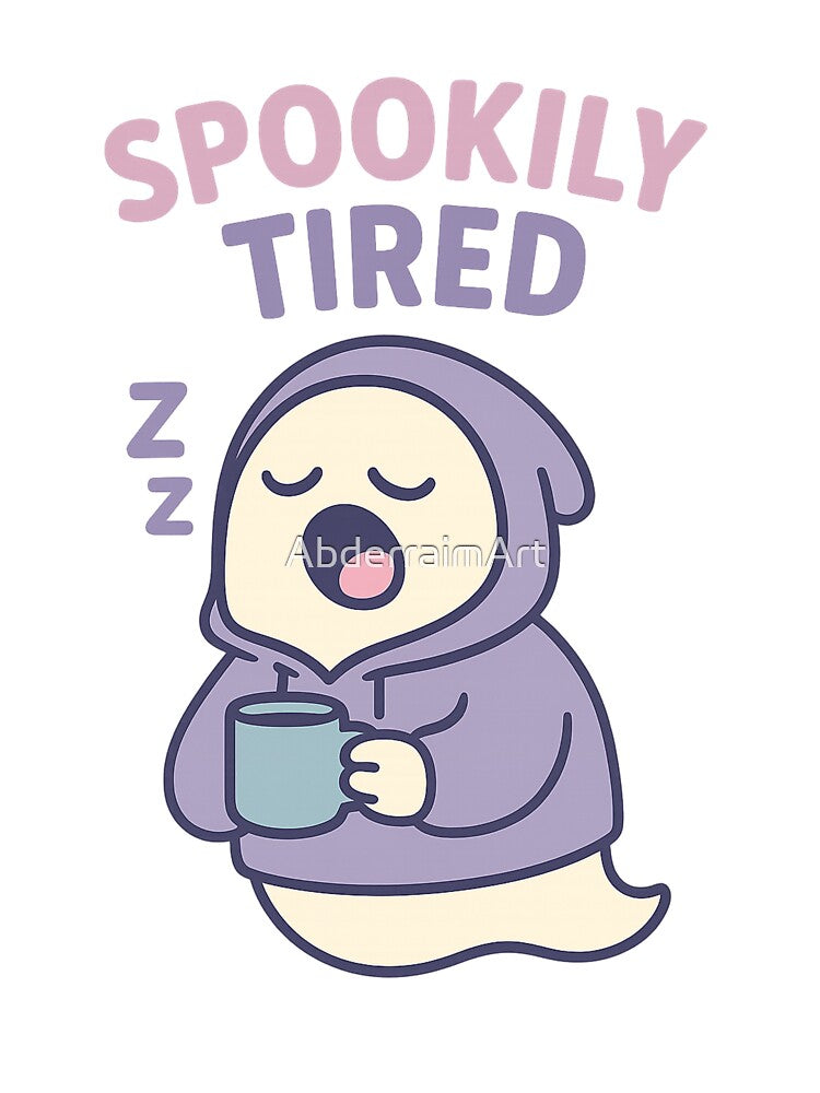 Spookily Tired Ghost – Cute Sleepy Spirit in Hoodie with Coffee Cup by AbderraimArt
