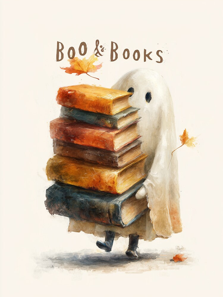 Boo & Books – Cute Ghost Carrying Vintage Books by Helenaphotoart