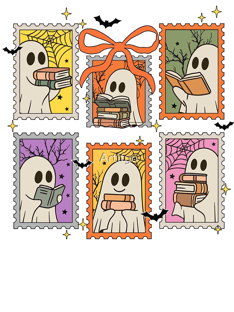Funny Ghost Book Lover Stamp Spooky Fall Reading by Artifyo