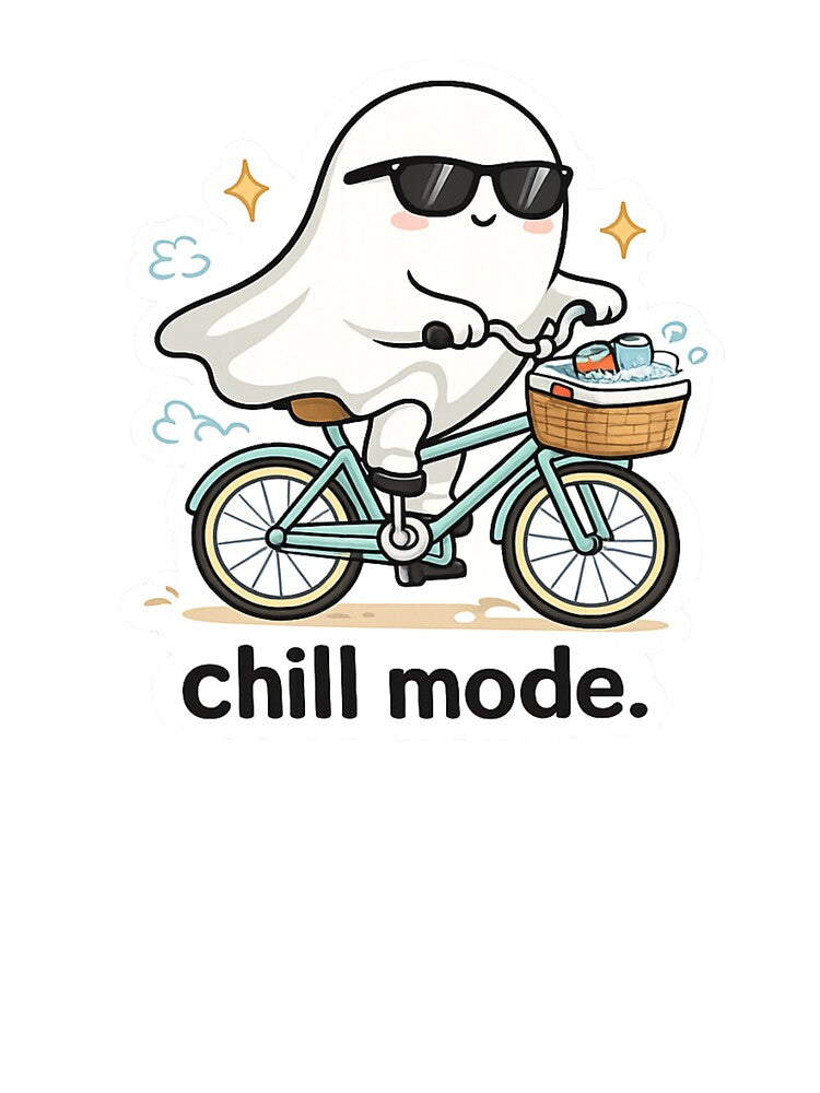 Cute Ghost Riding Bike Sticker – Chill Mode Aesthetic Cartoon Design by Talkdesign