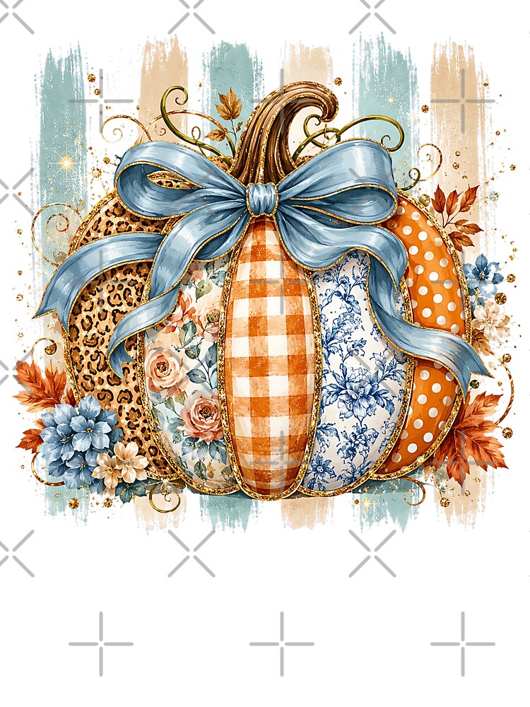 Rustic Patchwork Pumpkin | Leopard Floral Blue Bow Fall Autumn Design by Uniquememorable