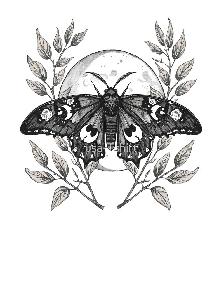 Gothic Moth & Moon — Black and White Floral Crescent Illustration by usa-Tshirt