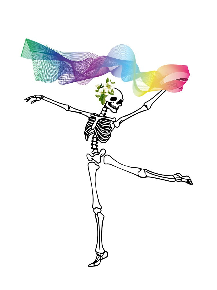 Dancing skeleton with Rainbow Scarf, stickers and tuff by Smallfish1274