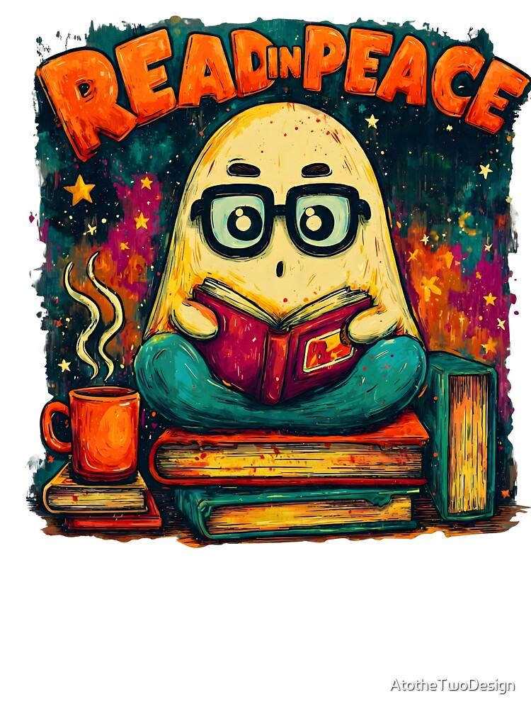 Read in Peace – Cute Ghost Reading Art, Funny Book Lover Design, Cozy Coffee & Books Illustration by AtotheTwoDesign