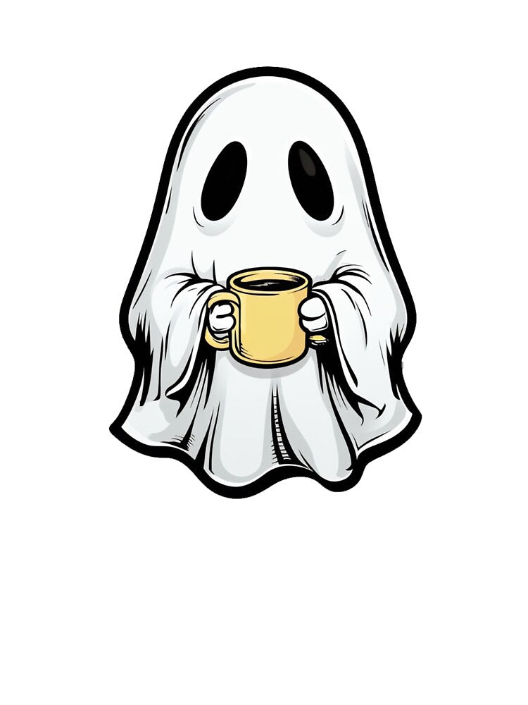 Cute Cartoon Ghost with Coffee Mug Illustration by RuweisVibes